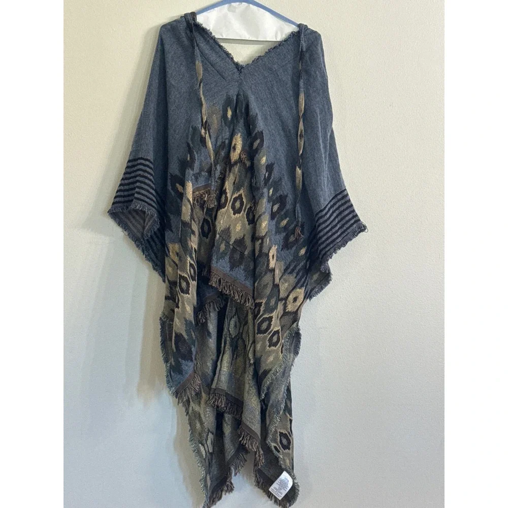 Free People The Casablanca Hooded‎ Poncho Blue Fringe Metallic Size OS